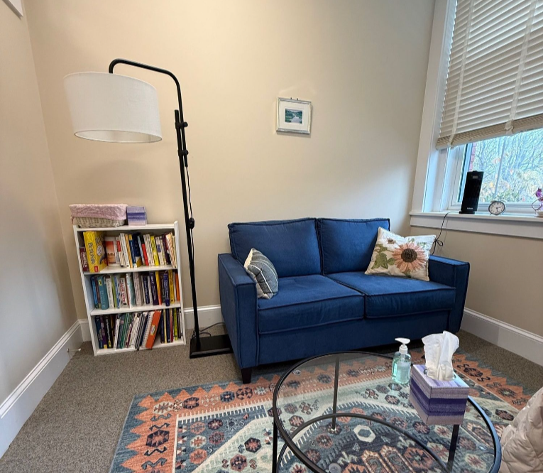 A calm therapy room with a blue couch, bookshelf, and soft natural light, creating a welcoming space for online depression therapy in Massachusetts.